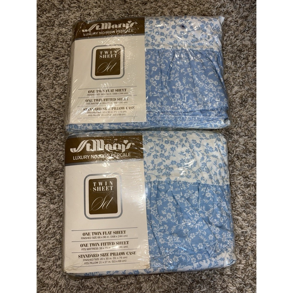 VTG NIP ST Mary's USA Made Twin Percale Sheet Sets Set Floral Shabby Blue White